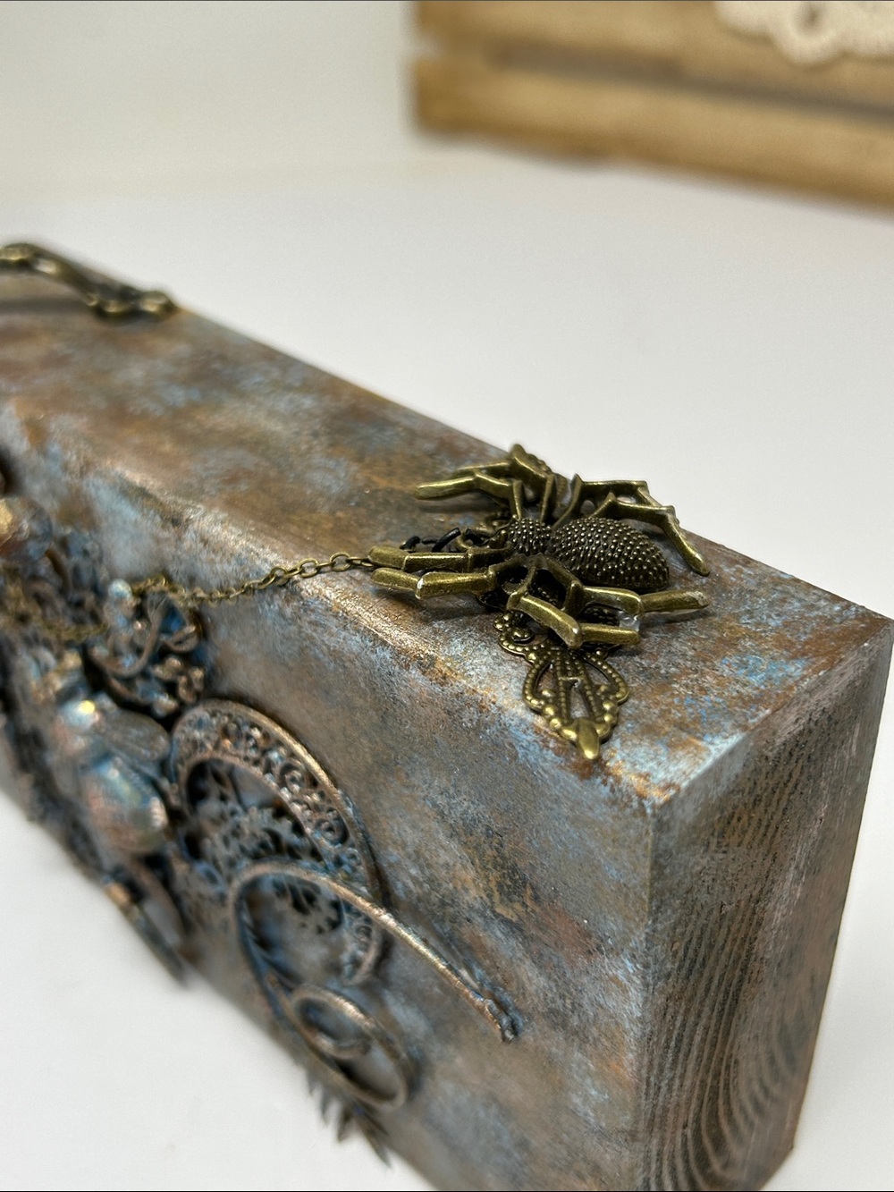 Steampunk Metal Accent Wood Piece with Bee Motif - Bronze Blue Patina - Picture 2 of 9